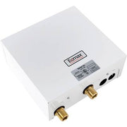 White rectangular tankless water heater with Eemax branding, control panel, and two brass connection ports on front.