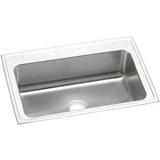 Stainless steel drop-in kitchen sink with single rectangular bowl and white rim, shown from angled top view.