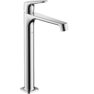 Chrome single-hole bathroom faucet with tall spout and lever handle.