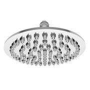 Polished chrome round shower head with multiple spray jets and adjustable arm connection.