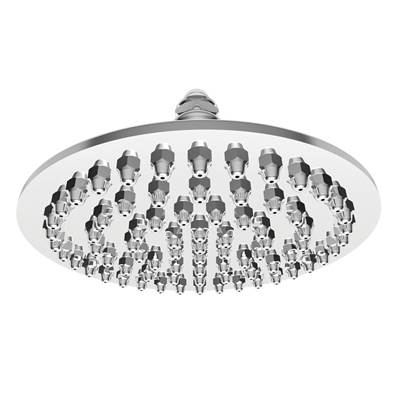 Polished chrome round shower head with multiple spray jets and adjustable arm connection.
