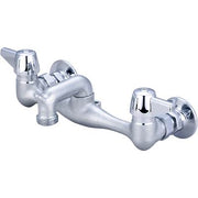 Polished chrome wall-mount service sink faucet with two handles and curved spout.