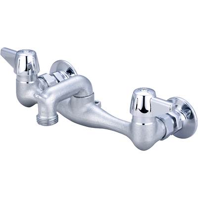 Polished chrome wall-mount service sink faucet with two handles and curved spout.
