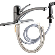 Chrome single lever kitchen faucet with curved spout, side spray, and flexible hoses with mounting brackets.