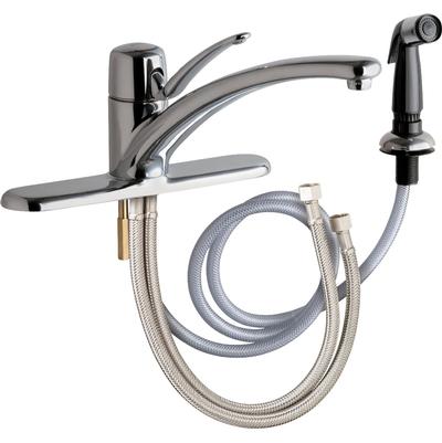 Chrome single lever kitchen faucet with curved spout, side spray, and flexible hoses with mounting brackets.