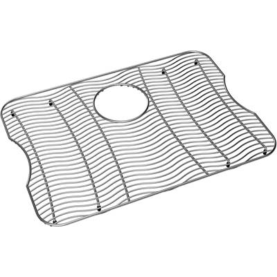 Stainless steel sink bottom grid with parallel slat design and center drain hole cutout.