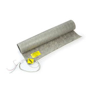 Rolled electric floor heating mat with beige mesh surface, yellow warning labels, and white electrical cord with thermostat c