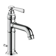 Chrome single-hole bathroom faucet with curved spout and lever handle.