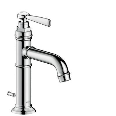 Chrome single-hole bathroom faucet with curved spout and lever handle.