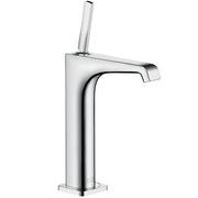 Chrome single-hole bathroom faucet with tall squared base and curved spout.