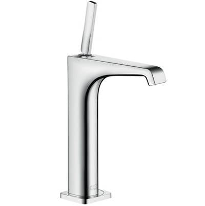 Chrome single-hole bathroom faucet with tall squared base and curved spout.