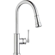 Chrome kitchen faucet with tall curved spout, pull-down spray nozzle, and single forward-lever handle.