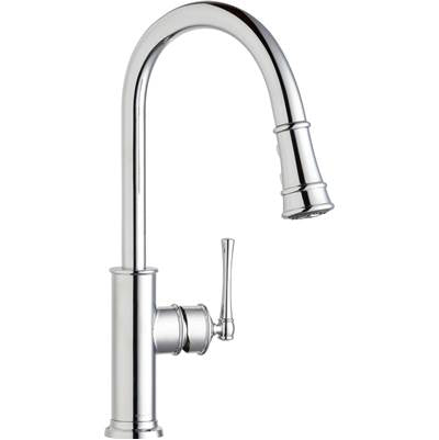 Chrome kitchen faucet with tall curved spout, pull-down spray nozzle, and single forward-lever handle.