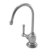 Polished chrome hot water dispenser with curved gooseneck spout and round base-mounted handle.