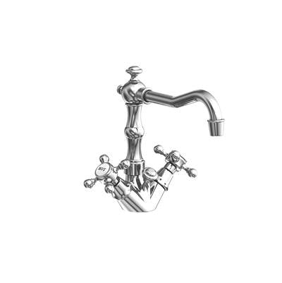 Polished chrome single-hole lavatory faucet with curved spout and cross handles in traditional style.