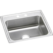 Stainless steel drop-in sink with single bowl, drain opening, and two faucet holes on the rim.