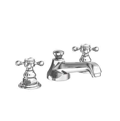 Chrome widespread bathroom sink faucet with two cross handles and curved spout.