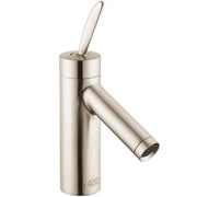 Brushed nickel single-hole bathroom faucet with cylindrical body, angled spout, and lever handle.