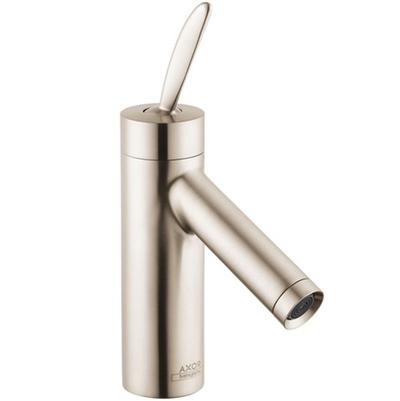 Brushed nickel single-hole bathroom faucet with cylindrical body, angled spout, and lever handle.