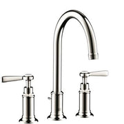 Polished nickel widespread faucet with high arc spout and lever handles on left and right.