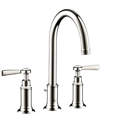 Polished nickel widespread faucet with high arc spout and lever handles on left and right.