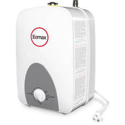 Compact white and gray electric water heater with Eemax logo, control dial, outlet cord, and metal connections on top.