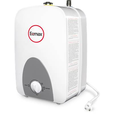 Compact white and gray electric water heater with Eemax logo, control dial, outlet cord, and metal connections on top.