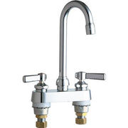 Chrome sink faucet with tall curved spout, two lever handles, and brass connection ports.