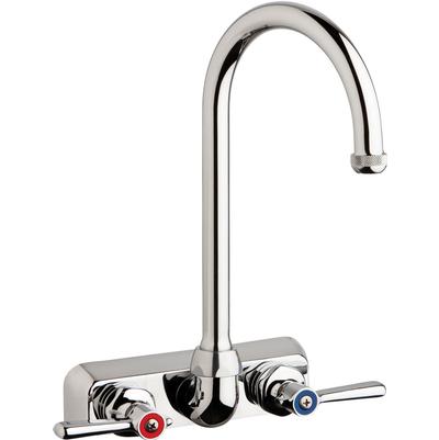 Chrome wall-mounted workboard faucet with tall curved spout and dual lever handles with red and blue indicator markers.