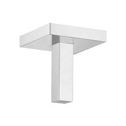 Chrome ceiling shower arm with square cross-section and mounting plate for overhead shower installation.