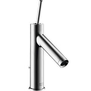 Chrome single-hole bathroom faucet with tall cylindrical body and angled spout.