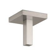 Brushed nickel ceiling-mounted shower arm with square trim plate and vertical extension pipe.