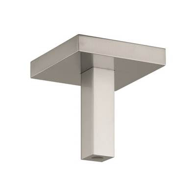 Brushed nickel ceiling-mounted shower arm with square trim plate and vertical extension pipe.