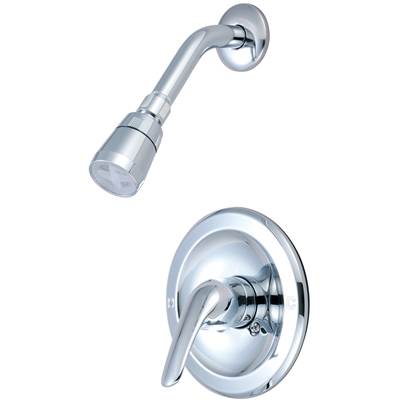 Chrome single handle shower set with curved showerhead and wall-mounted control valve with lever handle.