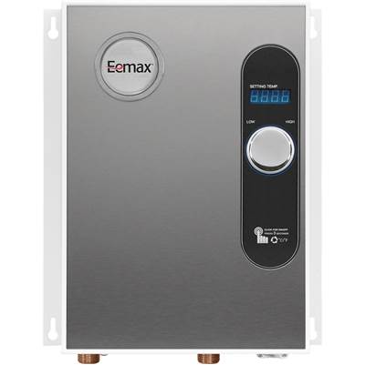 Gray rectangular tankless water heater with Eemax logo, digital display, and temperature control dial on black panel.