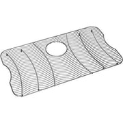 Stainless steel sink bottom grid with parallel slats and circular drain opening, curved edges.