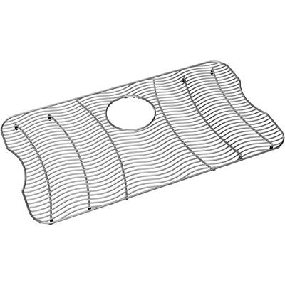 Stainless steel sink bottom grid with parallel slats and circular drain opening, curved edges.