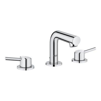 Chrome widespread bathroom faucet with two lever handles and curved mid-arc spout.