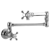 Chrome wall-mounted pot filler faucet with articulating arm and cross handles.