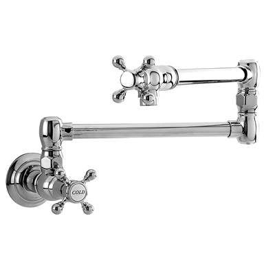 Chrome wall-mounted pot filler faucet with articulating arm and cross handles.