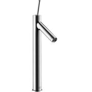 Chrome single-hole bathroom faucet with tall cylindrical body and angled spout.