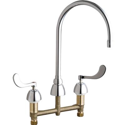 Chrome and brass kitchen faucet with high curved spout and two wrist handles on deck mount base.