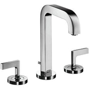 Chrome widespread bathroom faucet with tall curved spout and two lever handles on circular bases.