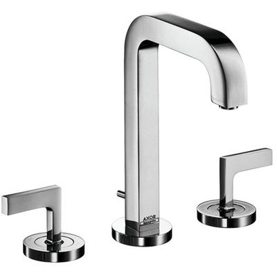 Chrome widespread bathroom faucet with tall curved spout and two lever handles on circular bases.