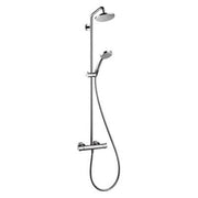 Chrome shower system with fixed overhead showerhead, handheld sprayer, and thermostatic valve mounted on vertical rail.