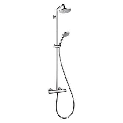 Chrome shower system with fixed overhead showerhead, handheld sprayer, and thermostatic valve mounted on vertical rail.