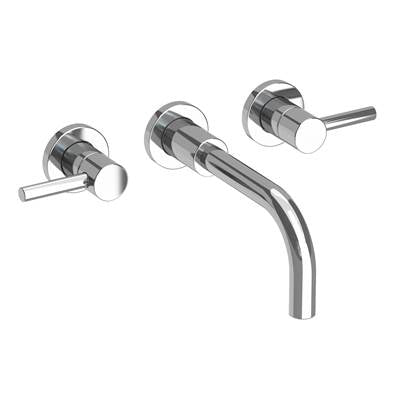 Polished chrome wall-mounted lavatory faucet with curved spout and two lever handles.