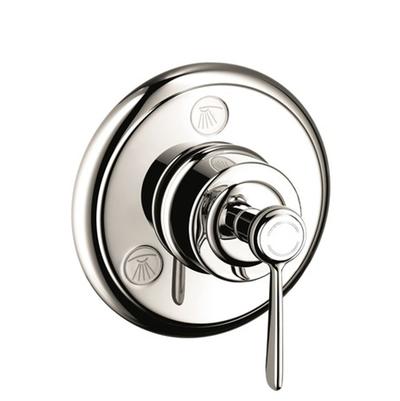 Polished nickel circular trim plate with lever handle and dual control knobs for shower valve.