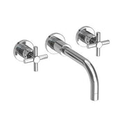 Chrome wall-mount bathroom faucet with curved spout and two cross handles.