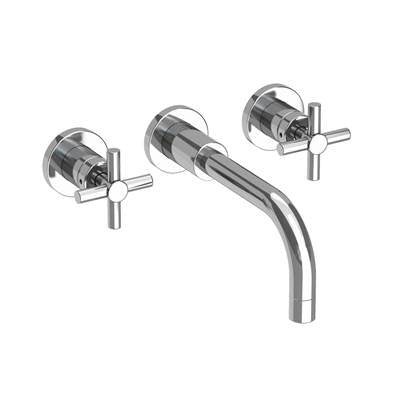 Chrome wall-mount bathroom faucet with curved spout and two cross handles.